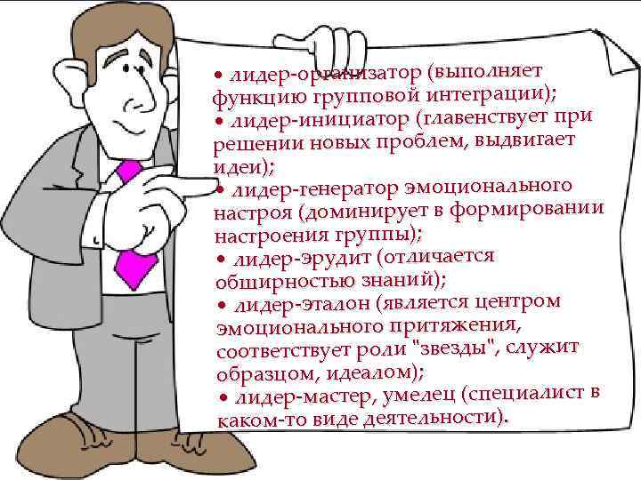  • лидер-организатор (выполняет функцию групповой интеграции); • лидер-инициатор (главенствует при решении новых проблем,