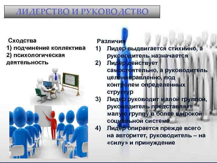 ЛИДЕРСТВО И РУКОВОДСТВО Сходства 1) подчинение коллектива 2) психологическая деятельность Различия 1) Лидер выдвигается