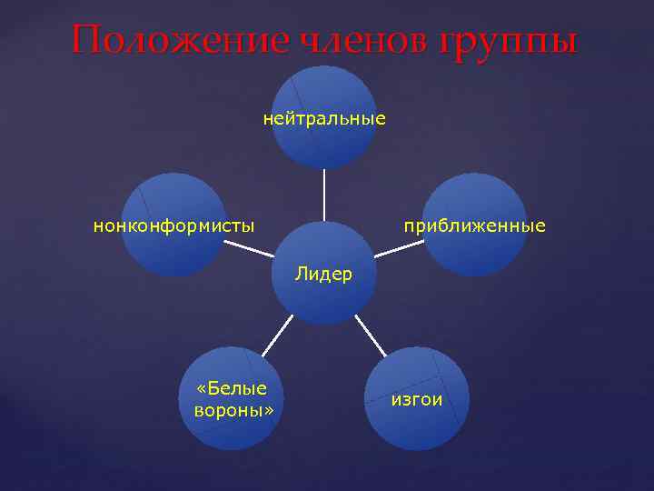 Положение членов группы нейтральные нонконформисты приближенные Лидер «Белые вороны» изгои 