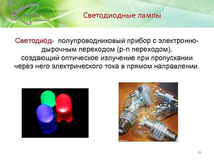 Светодиодные лампы Светодиод- полупроводниковый прибор с электроннодырочным переходом (p-n переходом), создающий оптическое излучение при