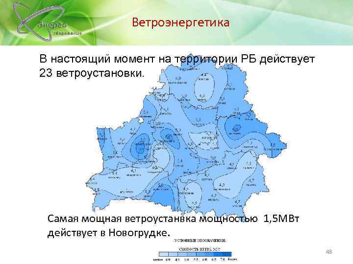 Ветроэнергетика В настоящий момент на территории РБ действует 23 ветроустановки. Самая мощная ветроустанвка мощностью