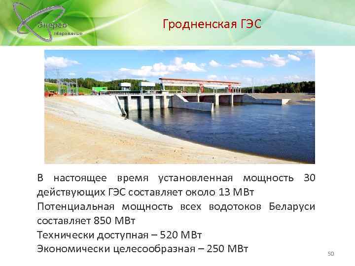 Гродненская ГЭС В настоящее время установленная мощность 30 действующих ГЭС составляет около 13 МВт