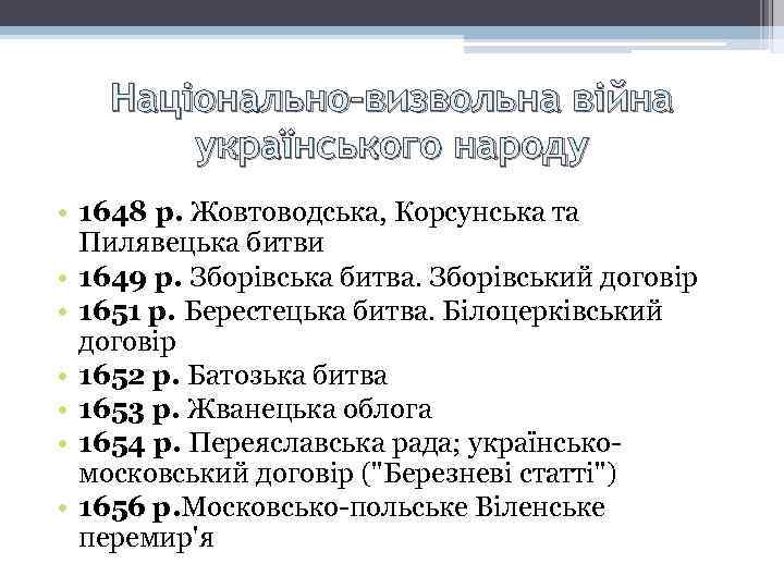 Національно-визвольна війна українського народу • 1648 р. Жовтоводська, Корсунська та Пилявецька битви • 1649