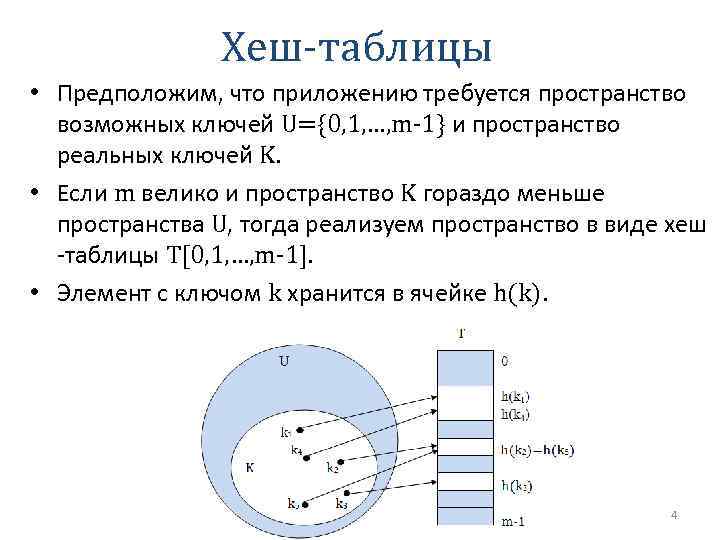 Хеш-таблицы • Предположим, что приложению требуется пространство возможных ключей U={0, 1, …, m-1} и