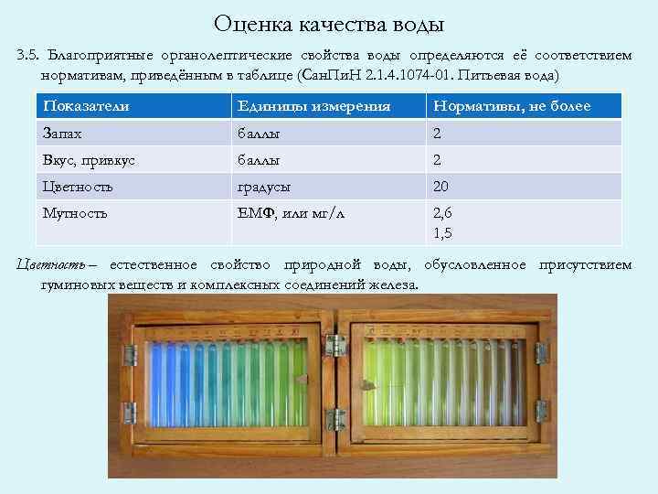 Оценка качества воды 3. 5. Благоприятные органолептические свойства воды определяются её соответствием нормативам, приведённым