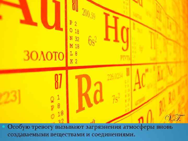  Особую тревогу вызывают загрязнения атмосферы вновь создаваемыми веществами и соединениями. 