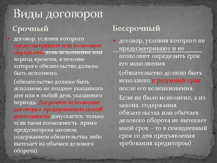 Виды договоров Срочный договор, условия которого предусматривают или позволяют определить день исполнения или период