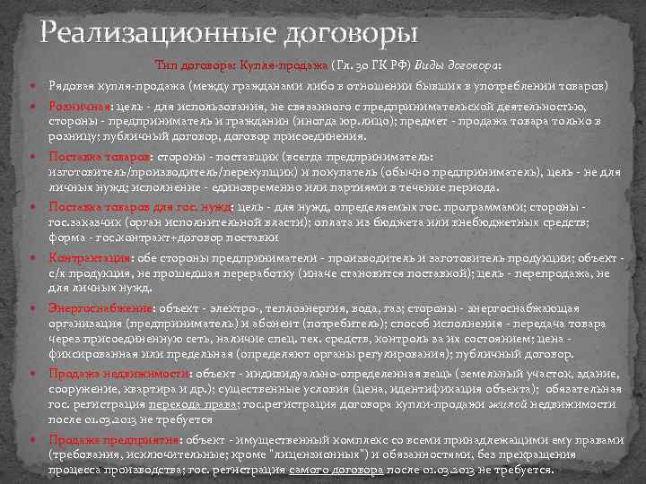 Реализационные договоры Тип договора: Купля-продажа (Гл. 30 ГК РФ) Виды договора: Рядовая купля-продажа (между