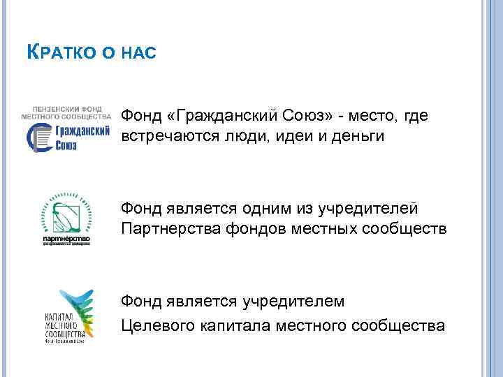 КРАТКО О НАС Фонд «Гражданский Союз» - место, где встречаются люди, идеи и деньги