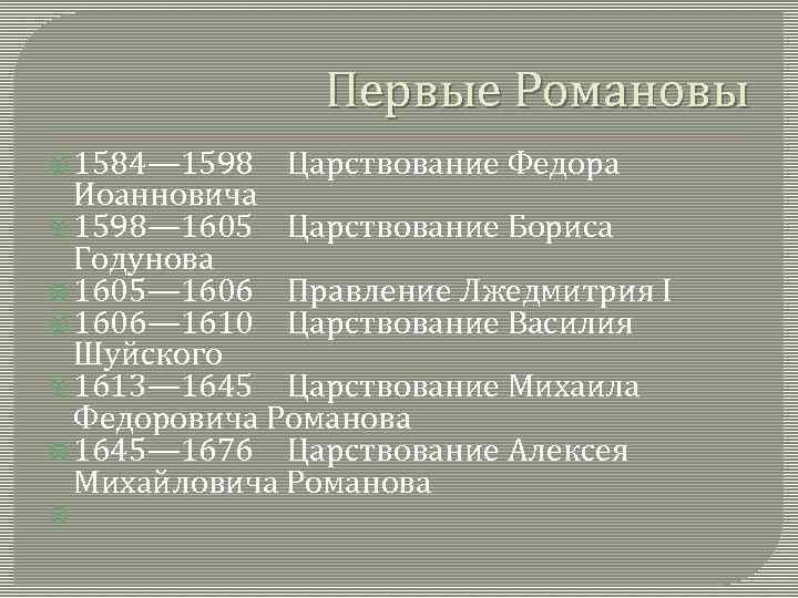 Первые Романовы 1584— 1598 Царствование Федора Иоанновича 1598— 1605 Царствование Бориса Годунова 1605— 1606