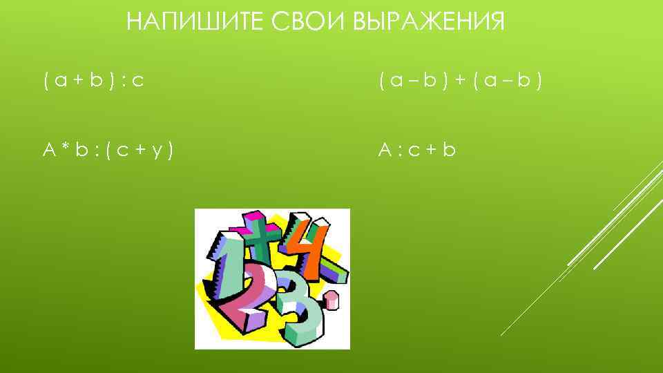 НАПИШИТЕ СВОИ ВЫРАЖЕНИЯ (а+b): с (a–b)+(a–b) А*b: (с+y) A: c+b 