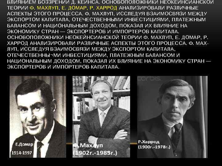 ВЛИЯНИЕМ ВОЗЗРЕНИЙ Д. КЕЙНСА. ОСНОВОПОЛОЖНИКИ НЕОКЕЙНСИАНСКОЙ ТЕОРИИ Ф. МАХЛУП, Е. ДОМАР, Р. ХАРРОД АНАЛИЗИРОВАЛИ