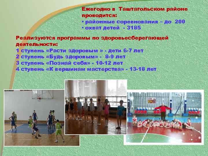Ежегодно в Таштагольском районе проводится: • районные соревнования – до 200 • охват детей