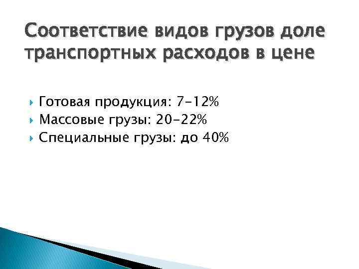 Соответствие видов грузов доле транспортных расходов в цене Готовая продукция: 7 -12% Массовые грузы: