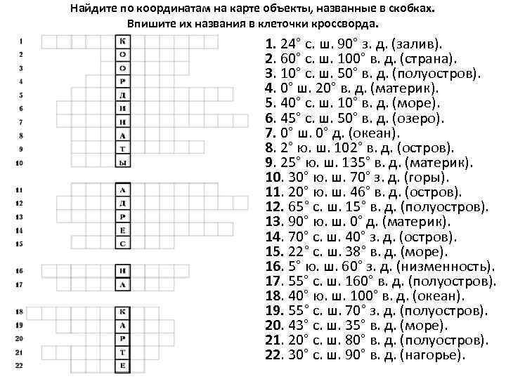 Найдите по координатам на карте объекты, названные в скобках. Впишите их названия в клеточки