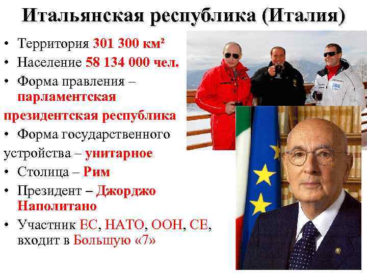 Итальянская республика (Италия) • Территория 301 300 км² • Население 58 134 000 чел.