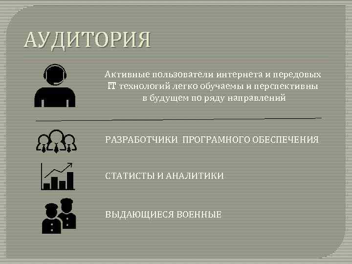 АУДИТОРИЯ Активные пользователи интернета и передовых IT технологий легко обучаемы и перспективны в будущем