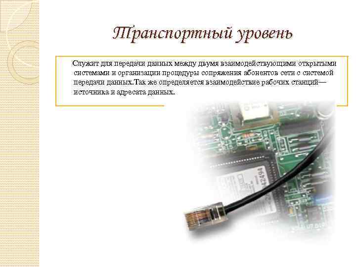 Транспортный уровень Служит для передачи данных между двумя взаимодействующими открытыми системами и организации процедуры