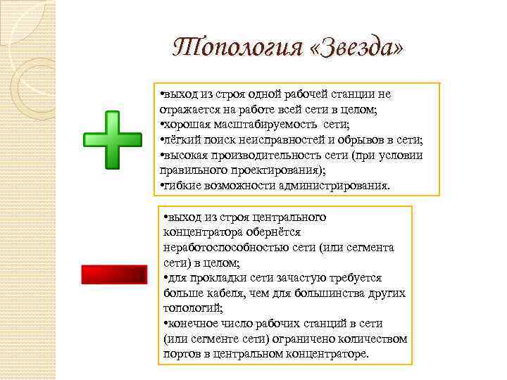 Топология «Звезда» • выход из строя одной рабочей станции не отражается на работе всей