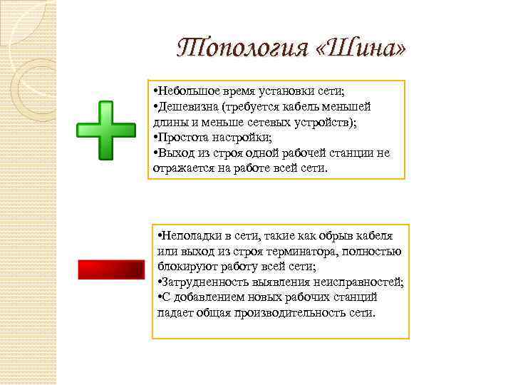 Топология «Шина» • Небольшое время установки сети; • Дешевизна (требуется кабель меньшей длины и