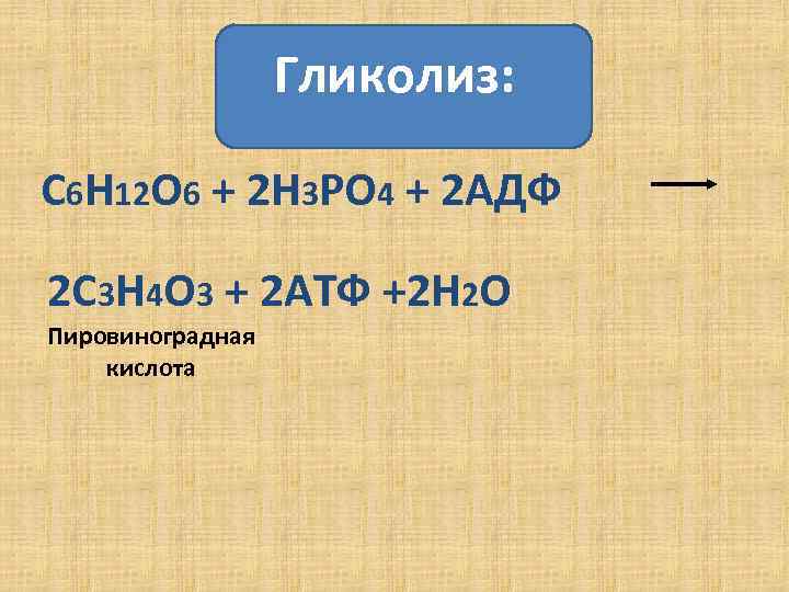 Гликолиз: С 6 Н 12 О 6 + 2 Н 3 РО 4 +