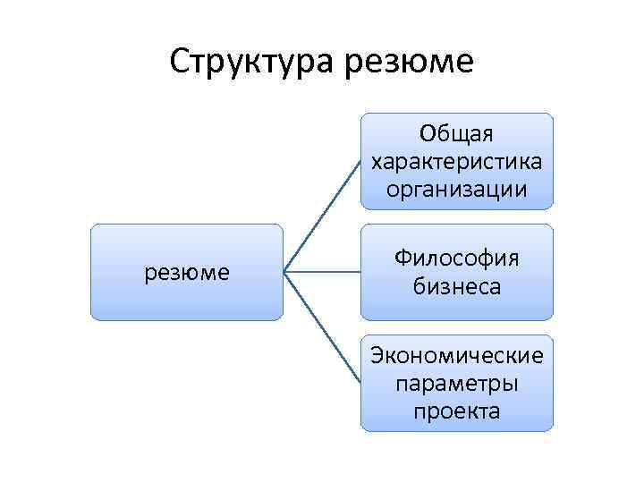 Структура резюме Общая характеристика организации резюме Философия бизнеса Экономические параметры проекта 