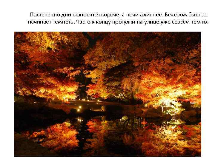 Постепенно дни становятся короче, а ночи длиннее. Вечером быстро начинает темнеть. Часто к концу