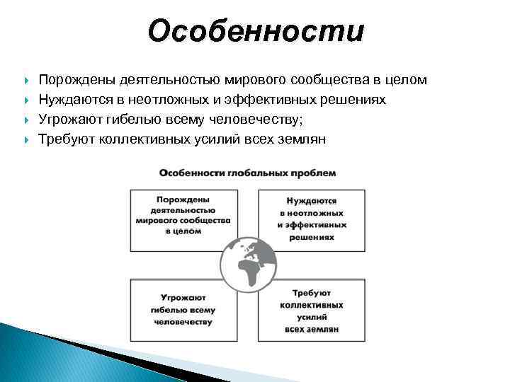 Особенности Порождены деятельностью мирового сообщества в целом Нуждаются в неотложных и эффективных решениях Угрожают