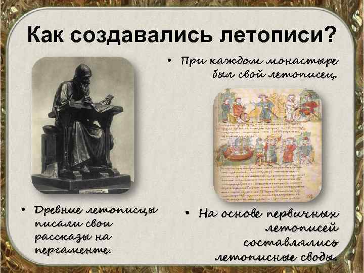 Как создавались летописи? • При каждом монастыре был свой летописец. • Древние летописцы писали