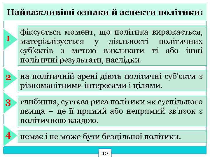 Найважливіші ознаки й аспекти політики: 1 фіксується момент, що політика виражається, матеріалізується у діяльності