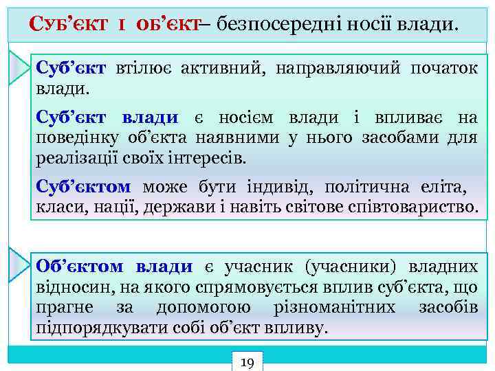 СУБ’ЄКТ І ОБ’ЄКТ – безпосередні носії влади. Суб’єкт втілює активний, направляючий початок влади. Суб’єкт