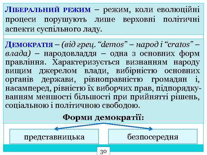 ЛІБЕРАЛЬНИЙ РЕЖИМ – режим, коли еволюційні процеси порушують лише верховні політичні аспекти суспільного ладу.