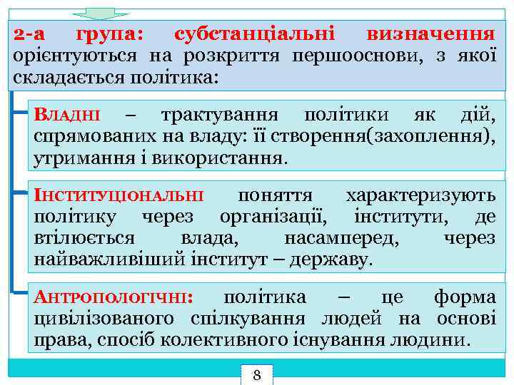 2 -а група: субстанціальні визначення орієнтуються на розкриття першооснови, з якої складається політика: трактування