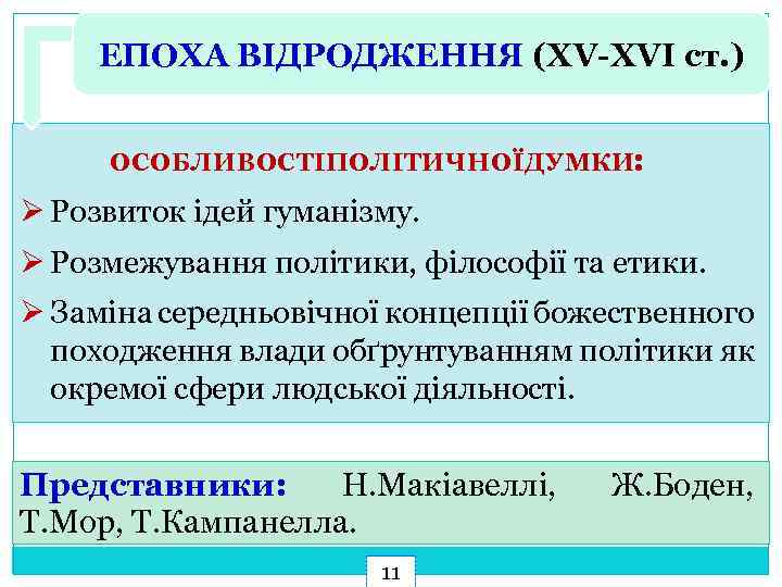 ЕПОХА ВІДРОДЖЕННЯ (XV-XVI ст. ) ОСОБЛИВОСТІПОЛІТИЧНОЇ ДУМКИ: Ø Розвиток ідей гуманізму. Ø Розмежування політики,