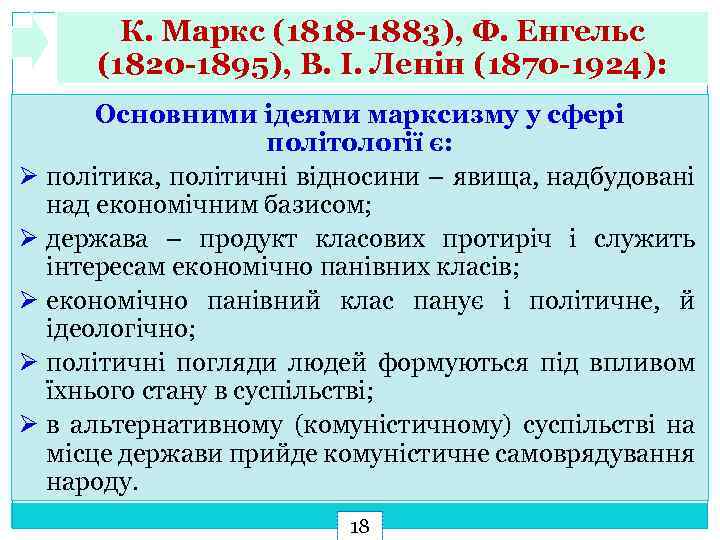 К. Маркс (1818 -1883), Ф. Енгельс (1820 -1895), В. І. Ленін (1870 -1924): Основними