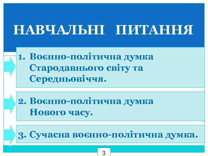 НАВЧАЛЬНІ ПИТАННЯ 1. Воєнно-політична думка Стародавнього світу та Середньовіччя. 2. Воєнно-політична думка Нового часу.
