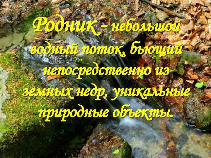 Родник - небольшой водный поток, бьющий непосредственно из земных недр, уникальные природные объекты. 