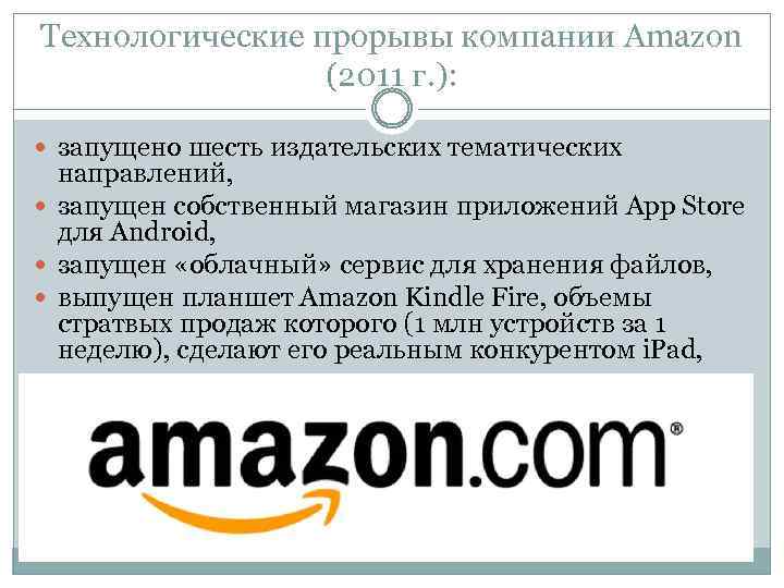 Технологические прорывы компании Amazon (2011 г. ): запущено шесть издательских тематических направлений, запущен собственный