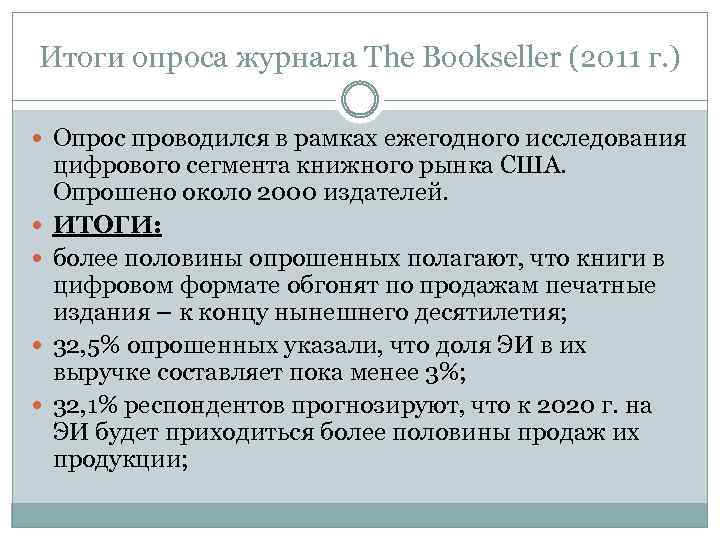 Итоги опроса журнала The Bookseller (2011 г. ) Опрос проводился в рамках ежегодного исследования