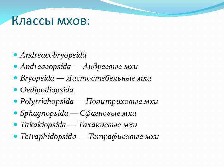 Классы мхов: Andreaeobryopsida Andreaeopsida — Андреевые мхи Bryopsida — Листостебельные мхи Oedipodiopsida Polytrichopsida —