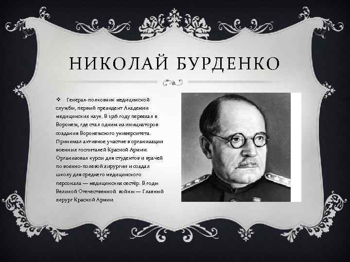 НИКОЛАЙ БУРДЕНКО v Генерал-полковник медицинской службы, первый президент Академии медицинских наук. В 1918 году