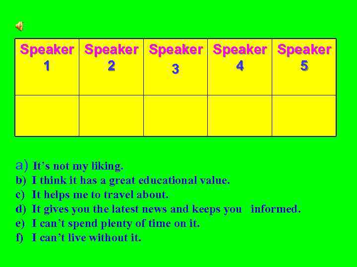 Speaker Speaker 1 2 4 5 3 a) It’s not my liking. b) c)