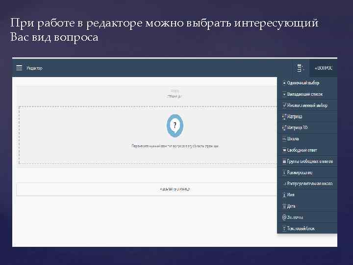 При работе в редакторе можно выбрать интересующий Вас вид вопроса 