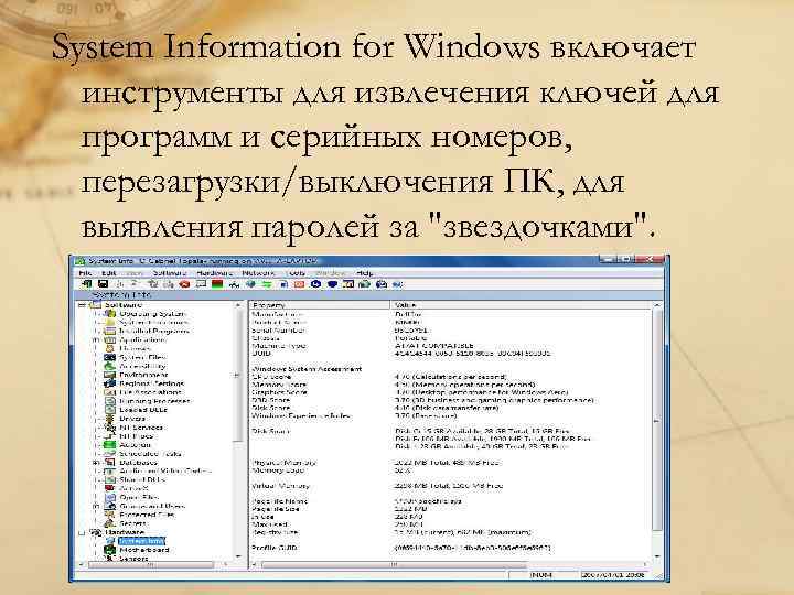 System Information for Windows включает инструменты для извлечения ключей для программ и серийных номеров,