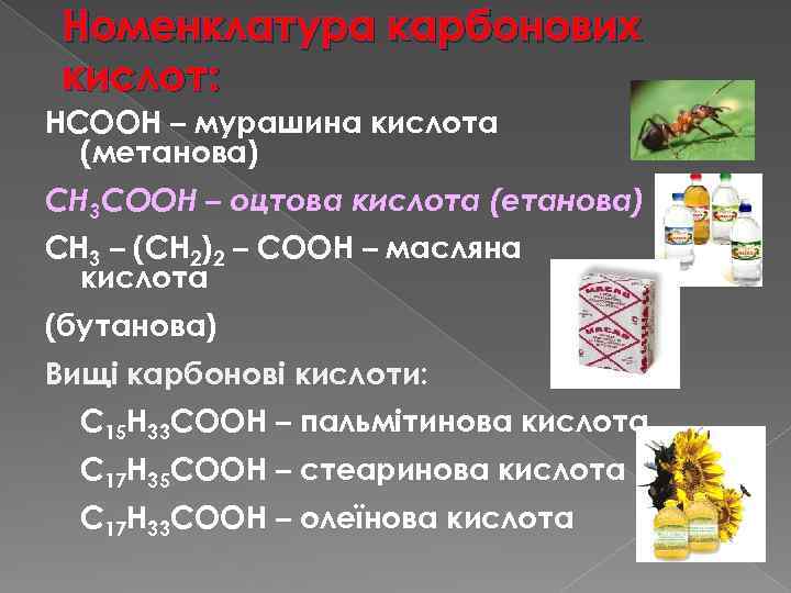 Номенклатура карбонових кислот: HCOOH – мурашина кислота (метанова) CH 3 COOH – оцтова кислота