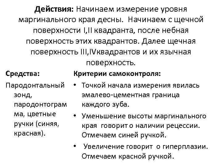 Действия: Начинаем измерение уровня маргинального края десны. Начинаем с щечной поверхности I, II квадранта,