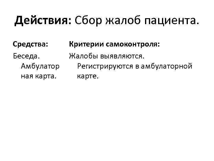 Действия: Сбор жалоб пациента. Средства: Беседа. Амбулатор ная карта. Критерии самоконтроля: Жалобы выявляются. Регистрируются