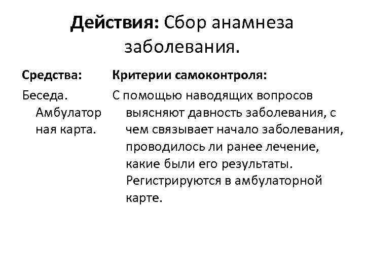 Действия: Сбор анамнеза заболевания. Средства: Критерии самоконтроля: Беседа. С помощью наводящих вопросов Амбулатор выясняют