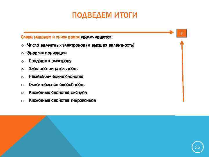 ПОДВЕДЕМ ИТОГИ Слева направо и снизу вверх увеличиваются: F o Число валентных электронов (и
