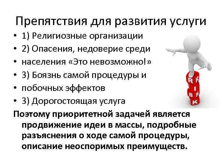Препятствия для развития услуги • 1) Религиозные организации • 2) Опасения, недоверие среди •